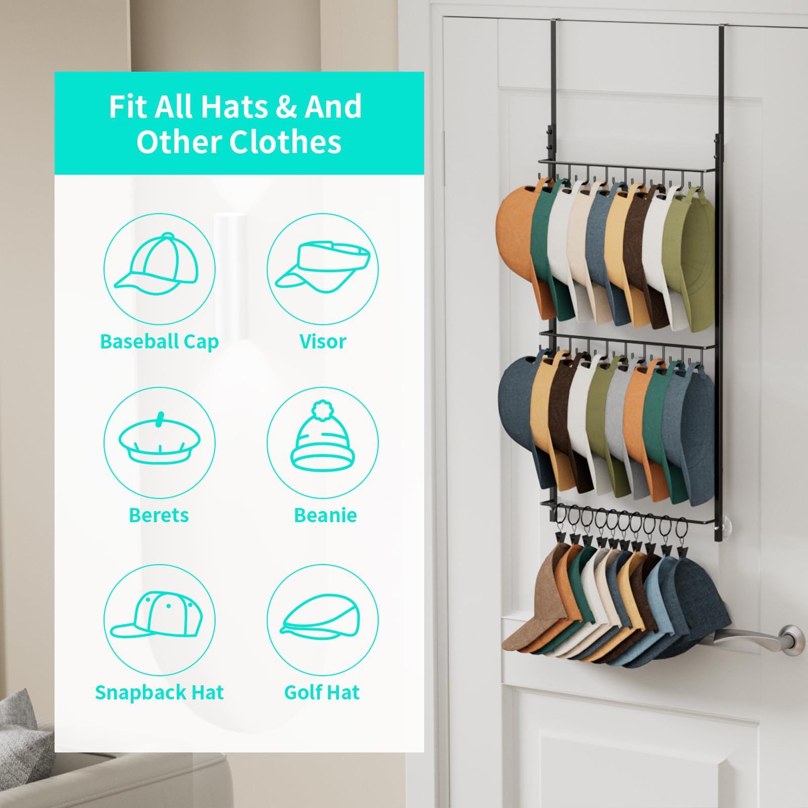 Behind-the-door tie and hat rack, wall-mounted hat rack, baseball cap storage rack, three-tier with clips 605