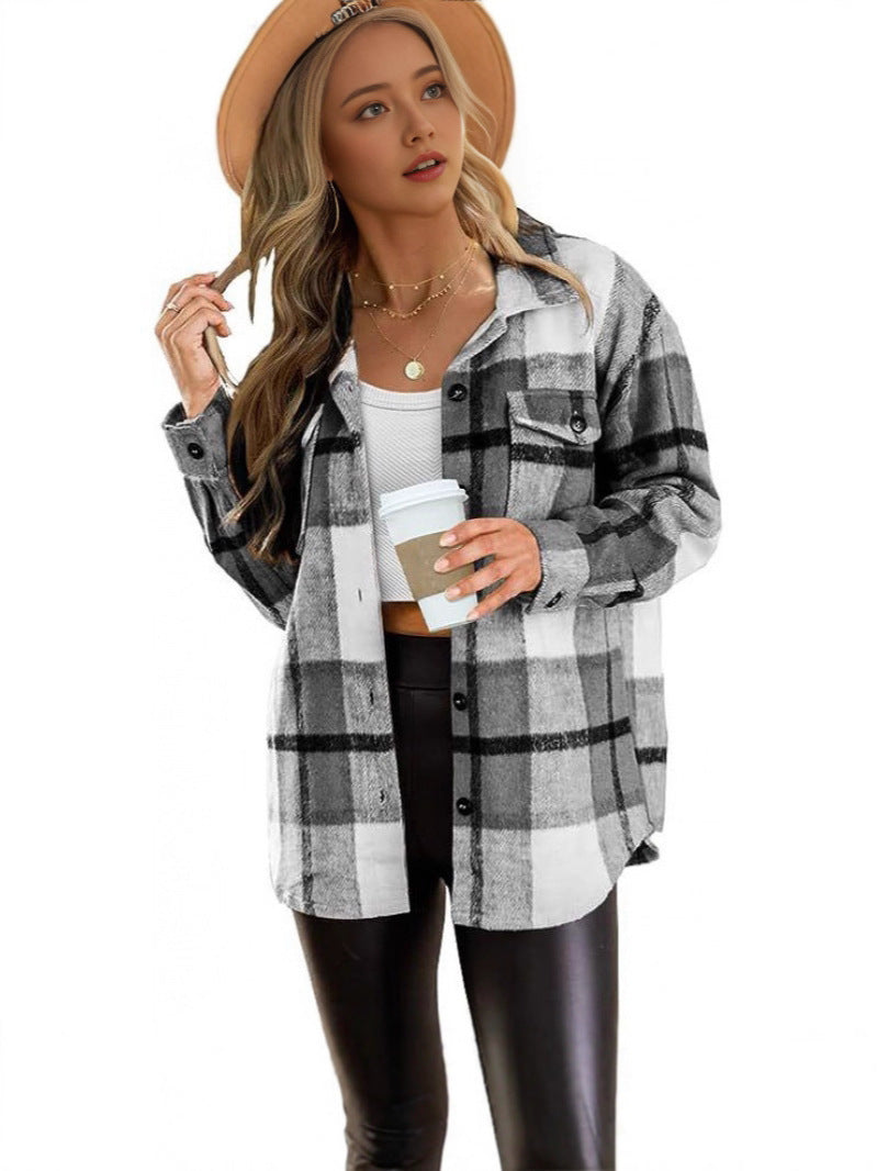 Autumn/Winter European and American Women's Clothing Large Pocket Shirt Casual Plaid Top Loose Long Sleeve INS Shirt 464
