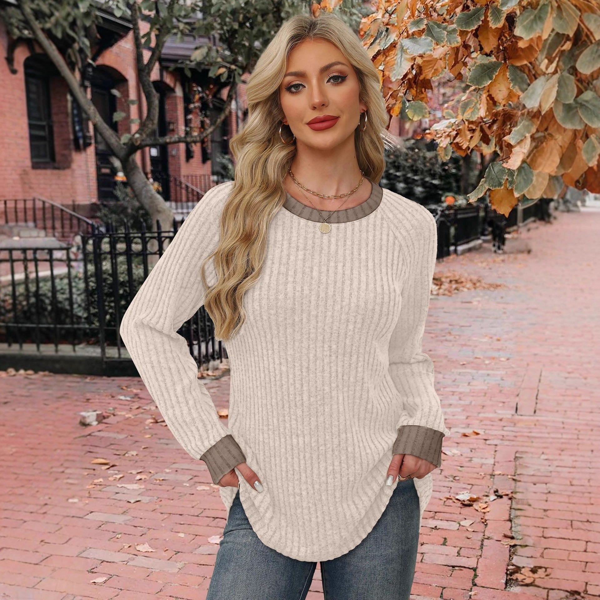 Women's ribbed brushed color-block casual round neck pullover long-sleeved top 456