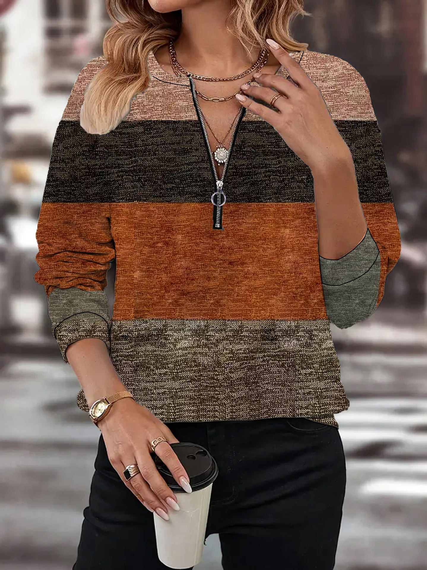 Crew neck half-zip casual irregular print polo shirt 486