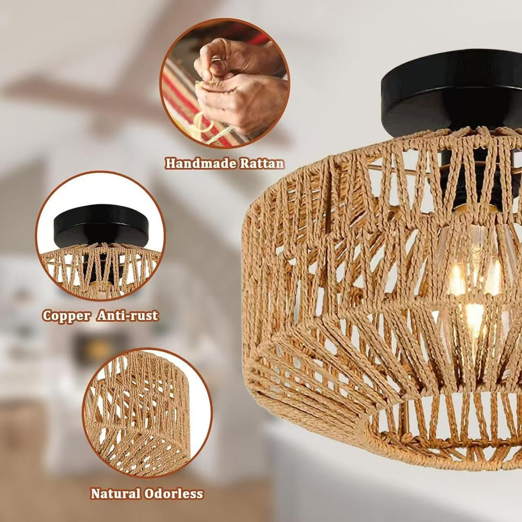 Countryside style double-headed American paper rattan woven ceiling light for bedroom 596