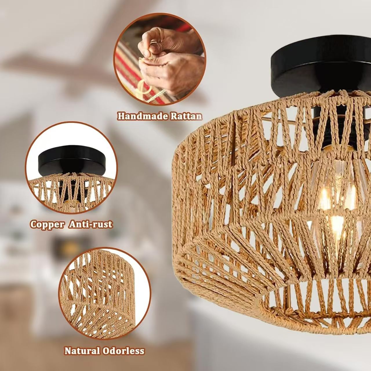 Countryside style double-headed American paper rattan woven ceiling light for bedroom 596