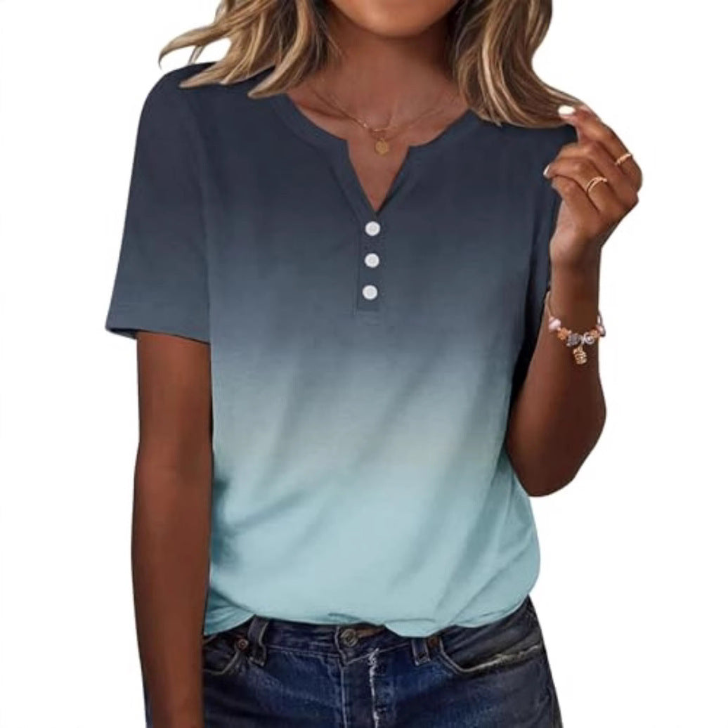 New fashionable, trendy, casual, versatile, high-quality short-sleeved button V-neck T-shirt 481