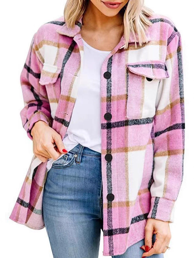 Autumn/Winter European and American Women's Clothing Large Pocket Shirt Casual Plaid Top Loose Long Sleeve INS Shirt 464