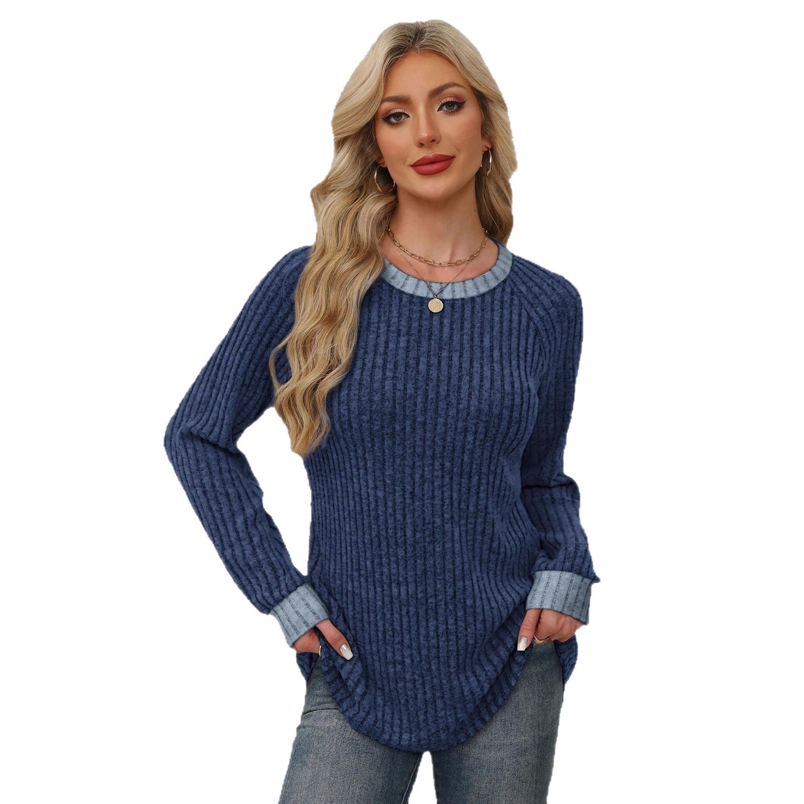 Women's ribbed brushed color-block casual round neck pullover long-sleeved top 456