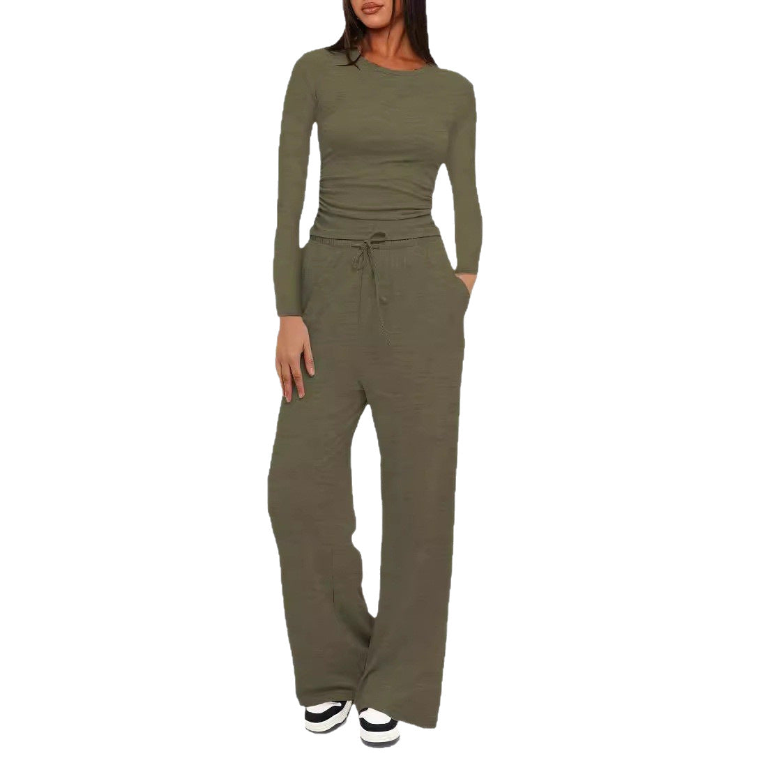 Solid color casual long-sleeved suit top and high-waisted wide-leg pants sportswear 451
