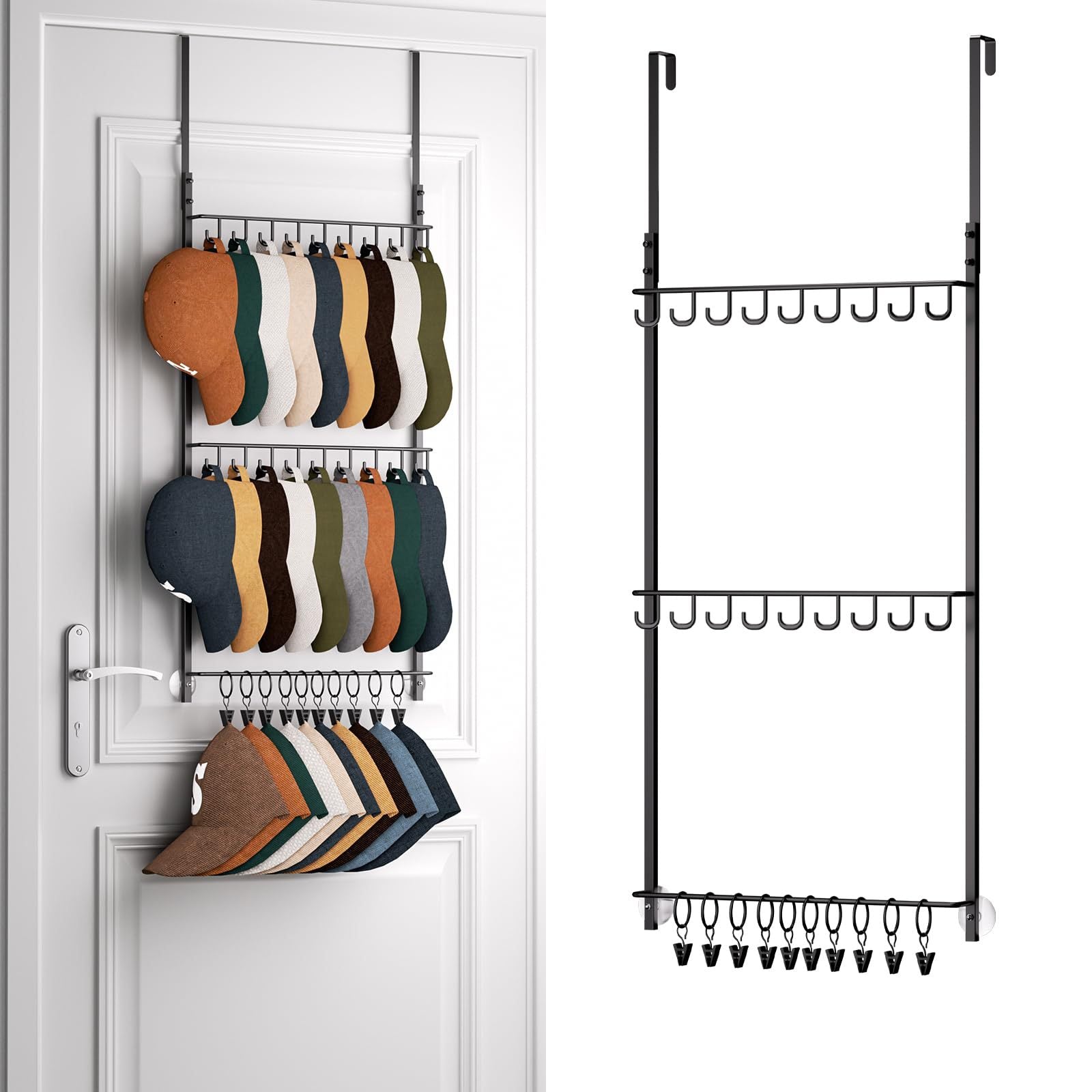 Behind-the-door tie and hat rack, wall-mounted hat rack, baseball cap storage rack, three-tier with clips 605