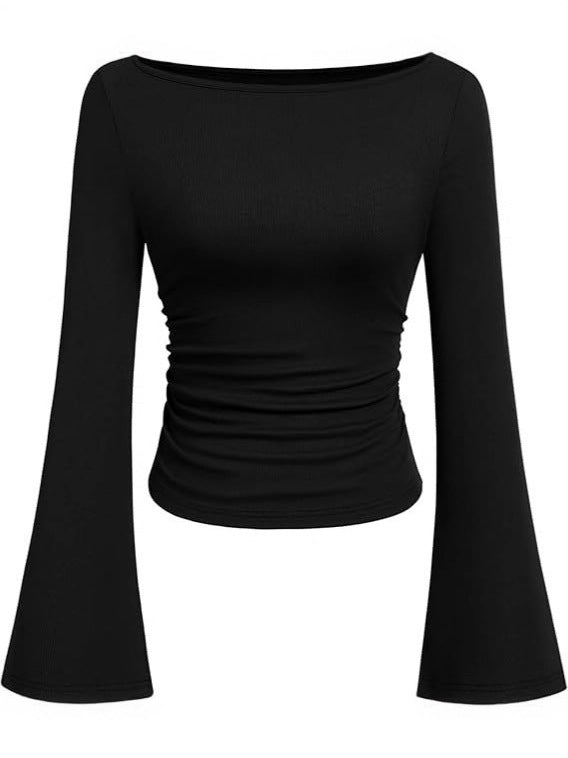 Solid color boat neck bell sleeve T-shirt for women 452