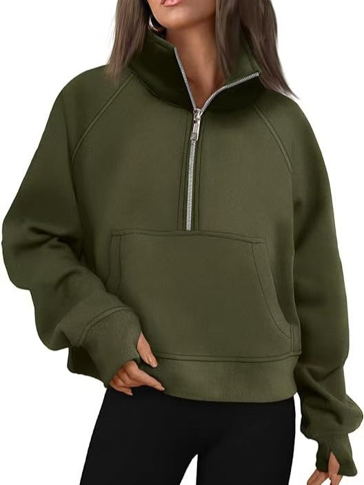 Women's Autumn/Winter Fleece Loose-fitting Jacket with Raglan Sleeves and Stand Collar Half-Zip Sweatshirt 453