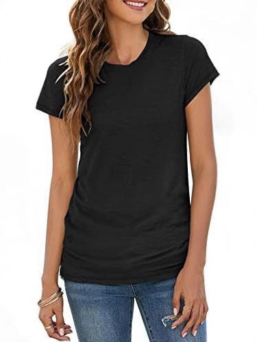 New Autumn Women's Solid Color Elastic Pullover Slim Fit Round Neck T-Shirt Short Sleeve 473