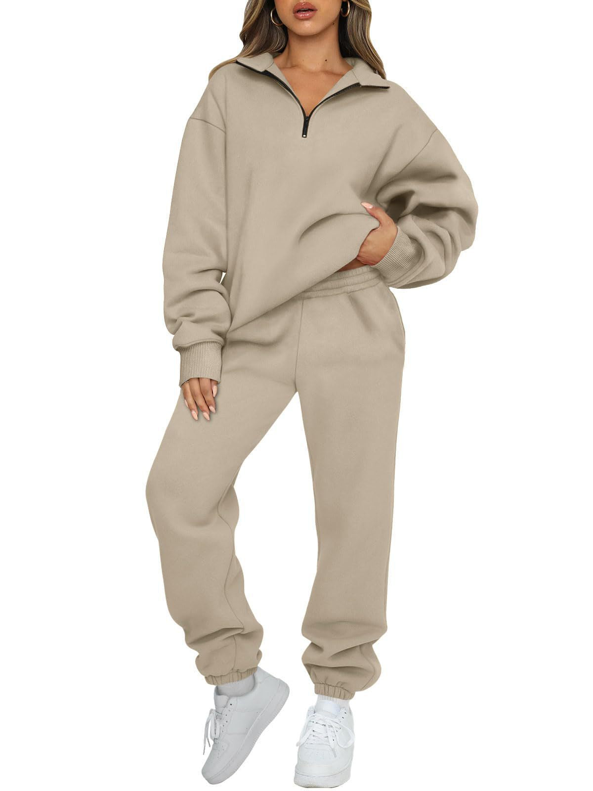 Women's Solid Color Pocketless Sweatshirt and Pants Tracksuit 480