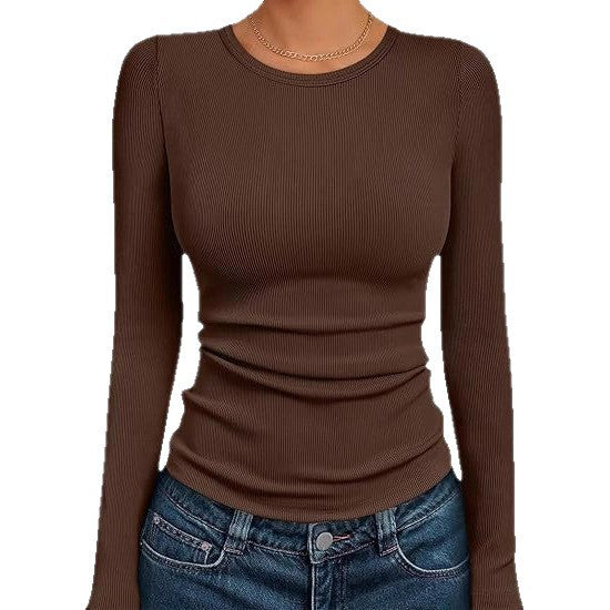 Women's Autumn New Round Neck Long Sleeve Sexy Slim Fit Solid Color T-shirt 466