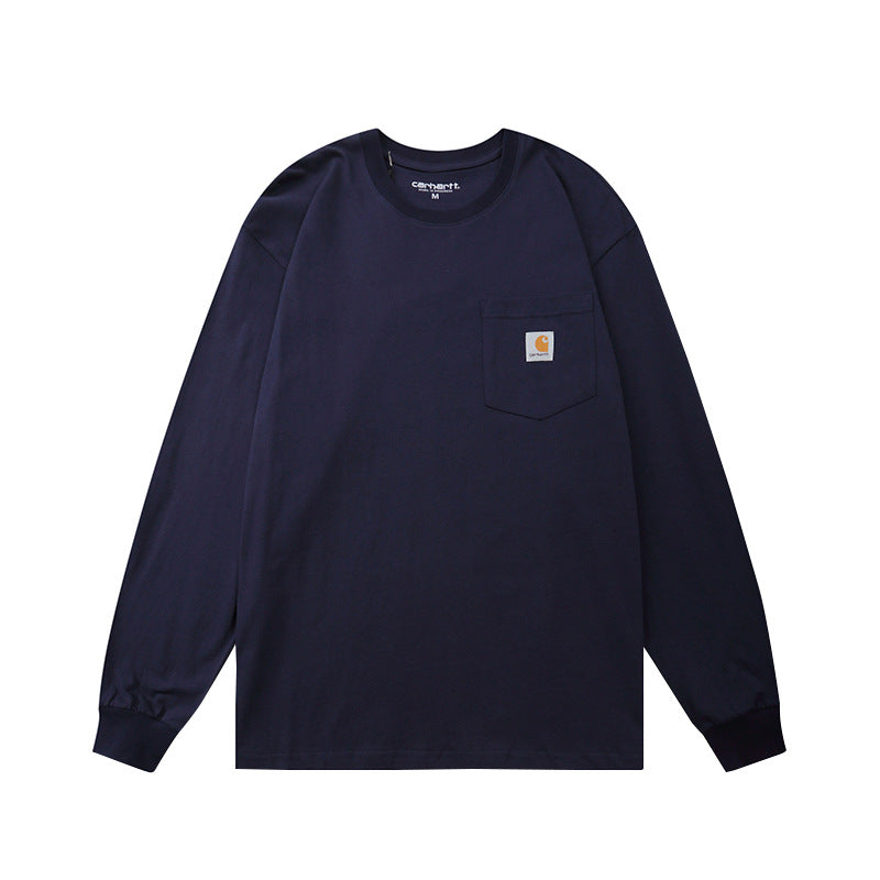 Classic style long-sleeved T-shirt with small logo pocket, trendy brand, unisex, couple's solid color base layer. 465