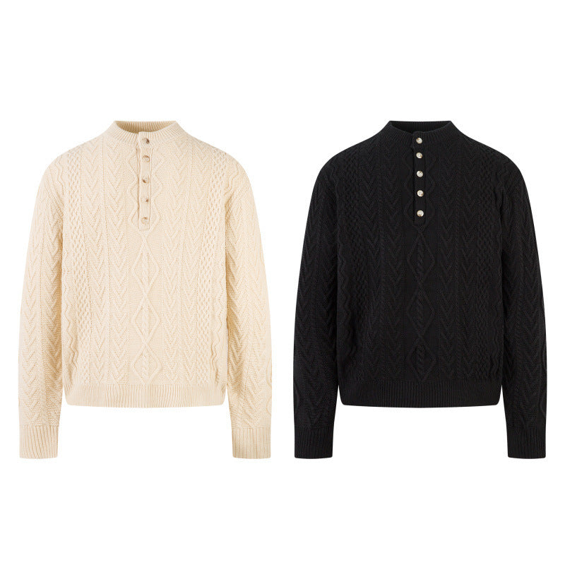Retro casual and relaxed style Henley collar knit sweater, loose and warm, long-sleeved for couples. 463