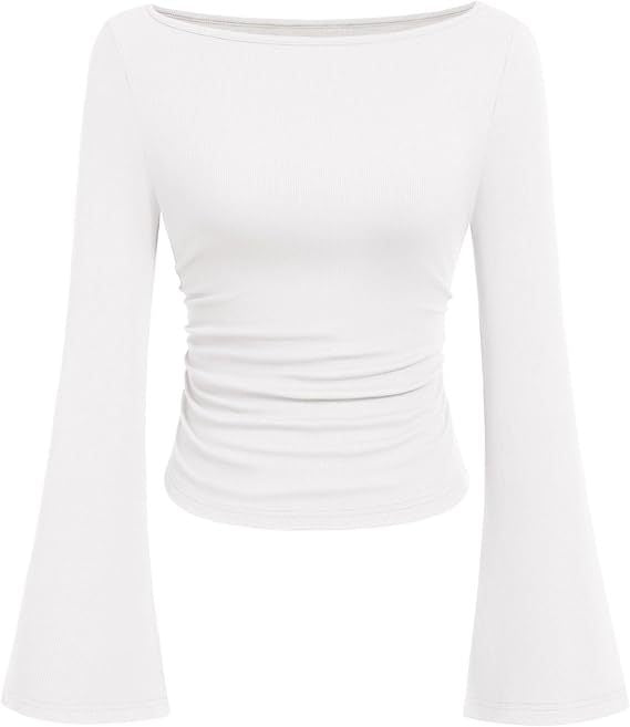 Solid color boat neck bell sleeve T-shirt for women 452