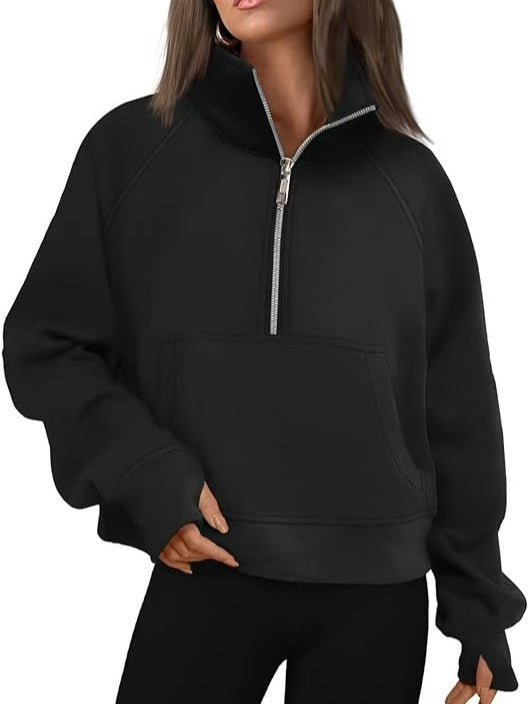 Women's Autumn/Winter Fleece Loose-fitting Jacket with Raglan Sleeves and Stand Collar Half-Zip Sweatshirt 453