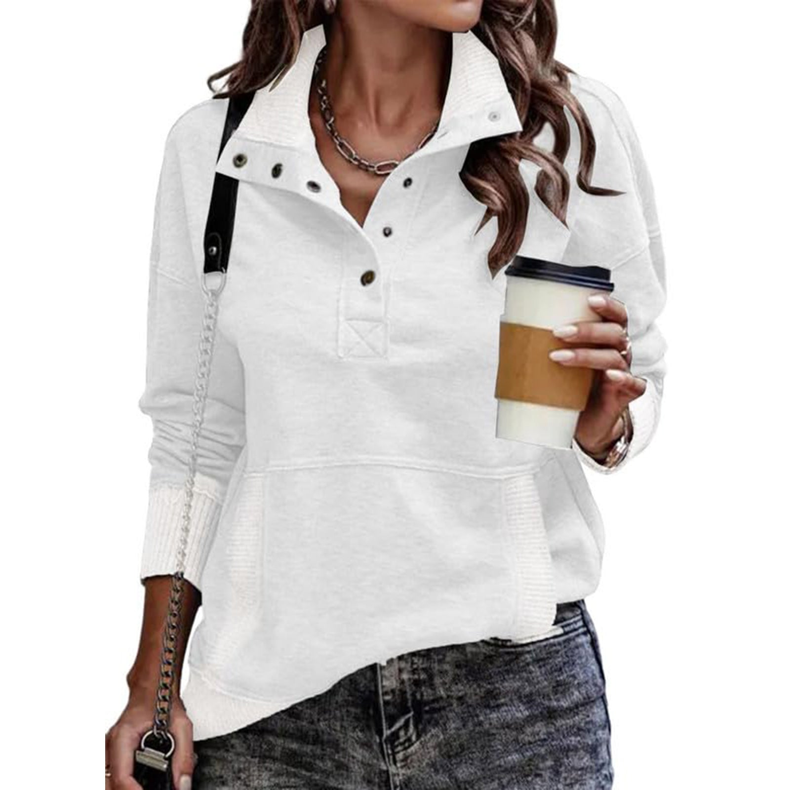 Autumn/Winter Solid Color Pocket Design Long Sleeve Button Fashion Street Style Women's Sweatshirt 477