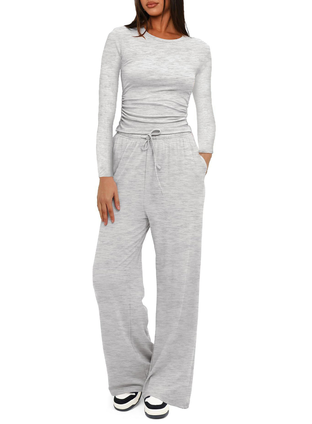 Solid color casual long-sleeved suit top and high-waisted wide-leg pants sportswear 451