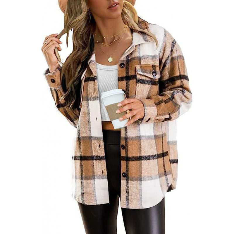 Autumn/Winter European and American Women's Clothing Large Pocket Shirt Casual Plaid Top Loose Long Sleeve INS Shirt 464