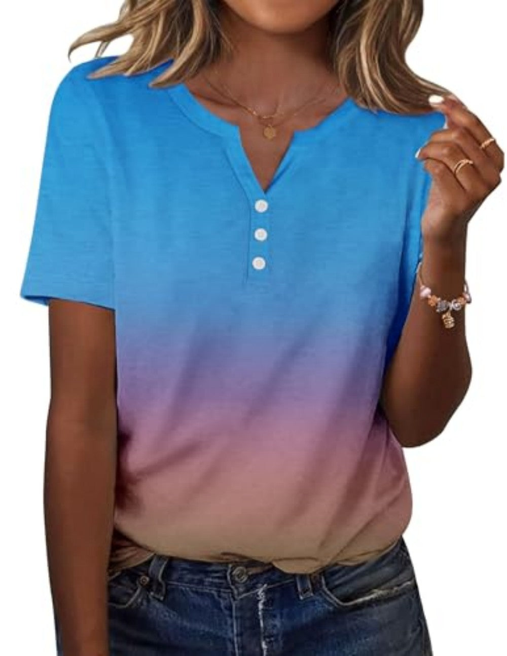 New fashionable, trendy, casual, versatile, high-quality short-sleeved button V-neck T-shirt 481