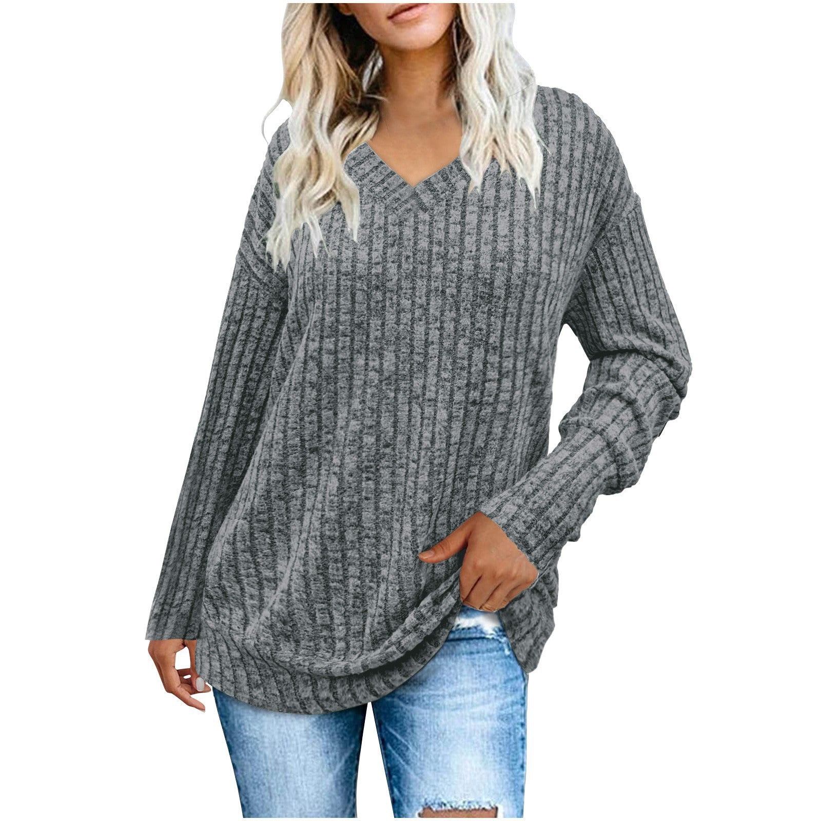Women's Long-Sleeved V-Neck Ribbed Brushed Knit Top/T-Shirt 483
