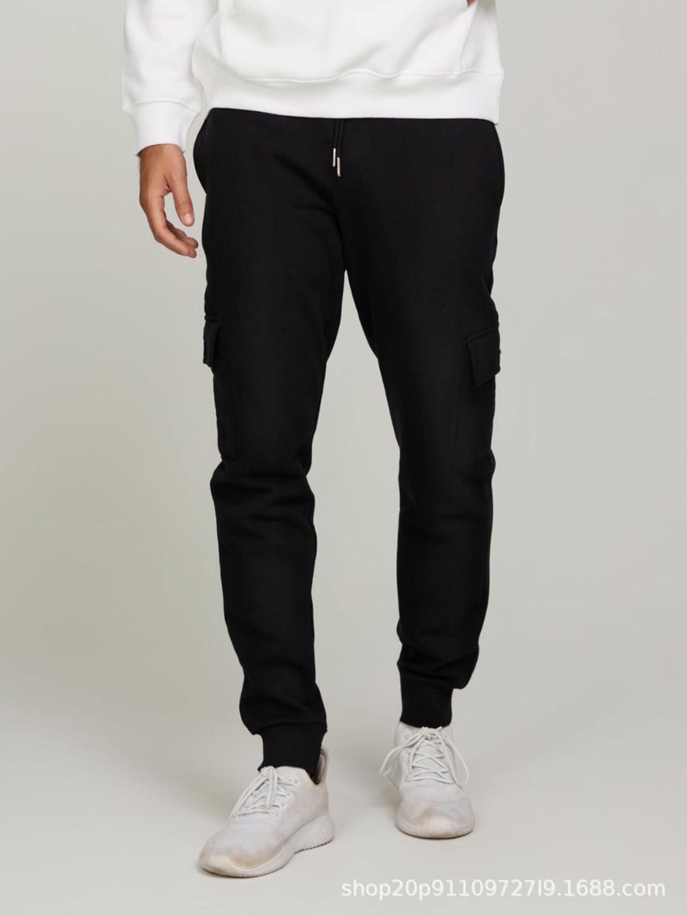 Men's casual fitness trousers with fleece lining and tapered cuffs, sporty cargo pants, running trousers 470