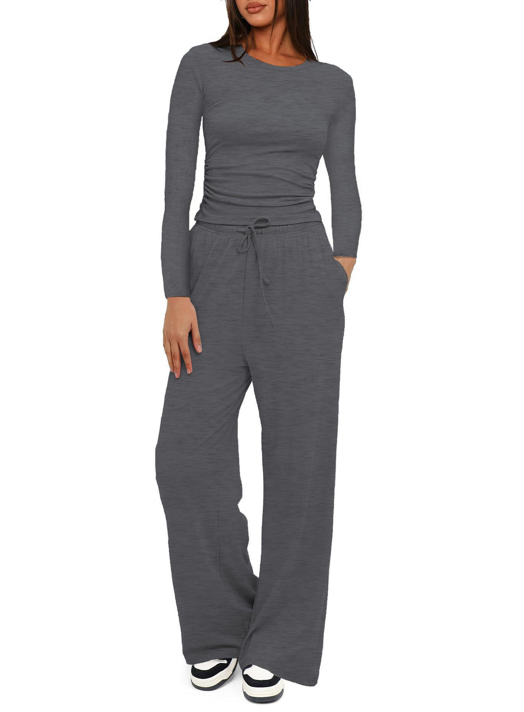 Solid color casual long-sleeved suit top and high-waisted wide-leg pants sportswear 451