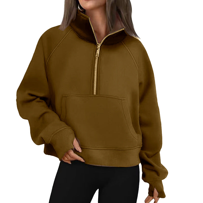 Women's Autumn/Winter Fleece Loose-fitting Jacket with Raglan Sleeves and Stand Collar Half-Zip Sweatshirt 453