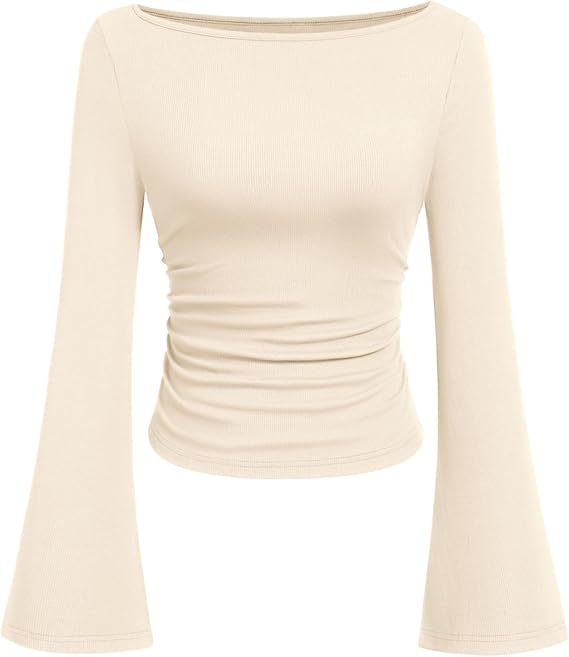 Solid color boat neck bell sleeve T-shirt for women 452