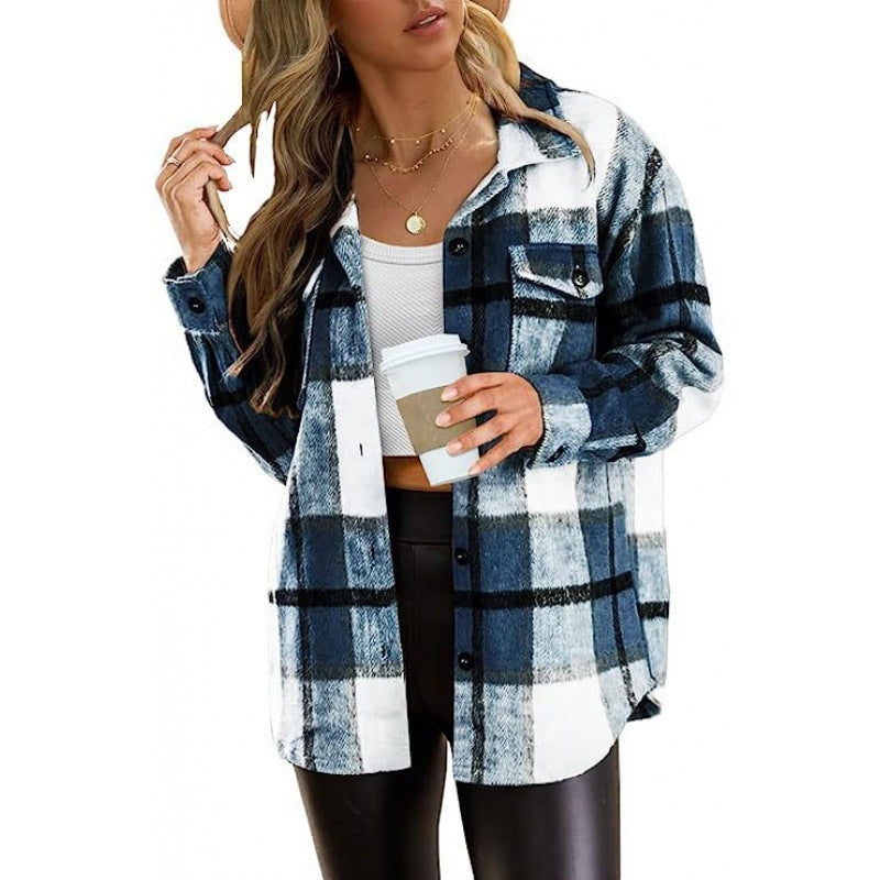 Autumn/Winter European and American Women's Clothing Large Pocket Shirt Casual Plaid Top Loose Long Sleeve INS Shirt 464
