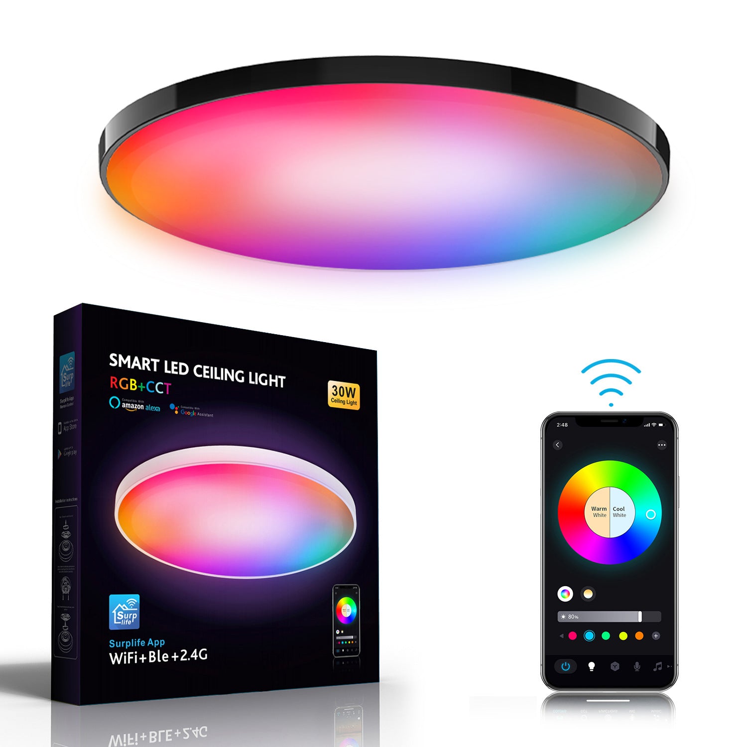 Modern intelligent WIFI ceiling light Bluetooth remote control dimming and color matching Alexa voice ultra-thin 30W 548