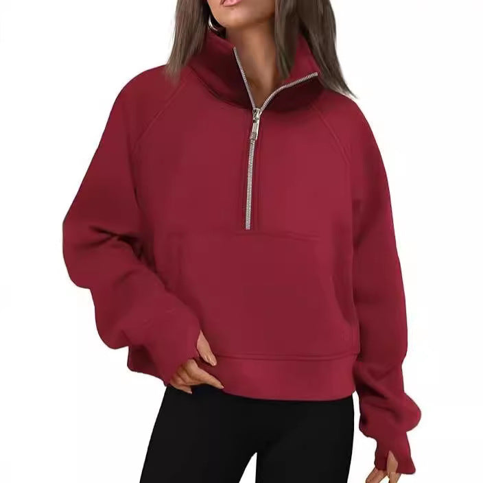 Women's Autumn/Winter Fleece Loose-fitting Jacket with Raglan Sleeves and Stand Collar Half-Zip Sweatshirt 453