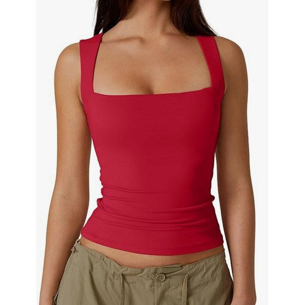 Women's Slim Fit Solid Color Vest Top with Square Neck 469