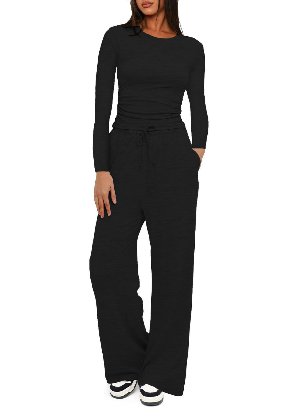 Solid color casual long-sleeved suit top and high-waisted wide-leg pants sportswear 451