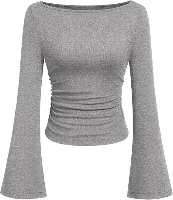 Solid color boat neck bell sleeve T-shirt for women 452