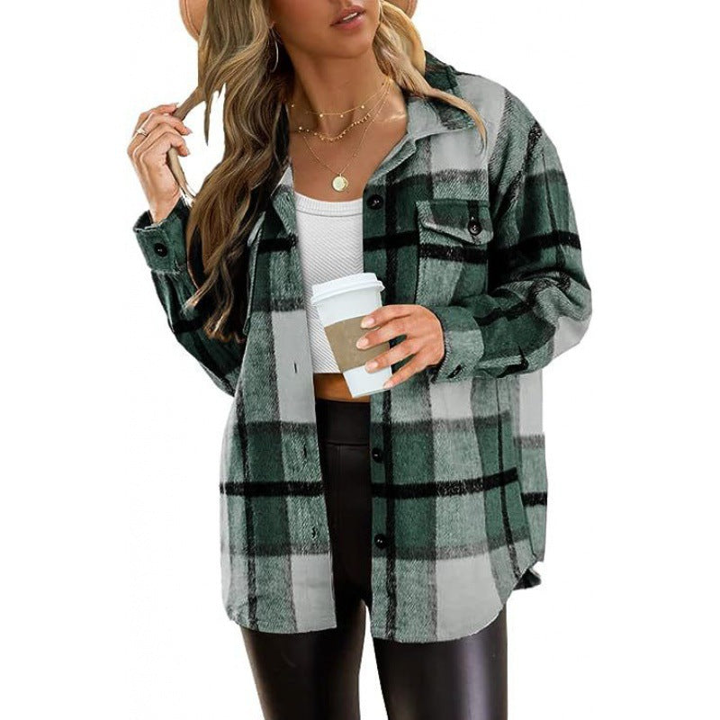 Autumn/Winter European and American Women's Clothing Large Pocket Shirt Casual Plaid Top Loose Long Sleeve INS Shirt 464