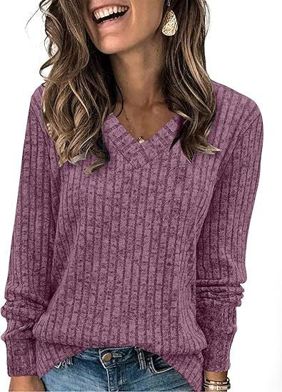 Women's Long-Sleeved V-Neck Ribbed Brushed Knit Top/T-Shirt 483