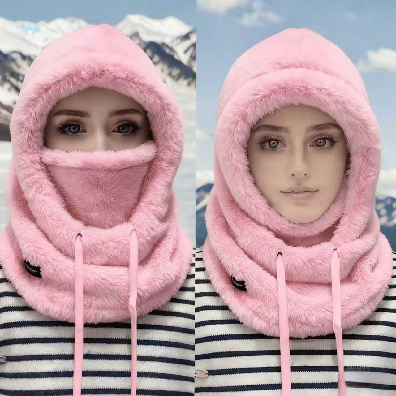 Windproof design, winter women's plush hooded face mask, warm for cycling in autumn and winter 527