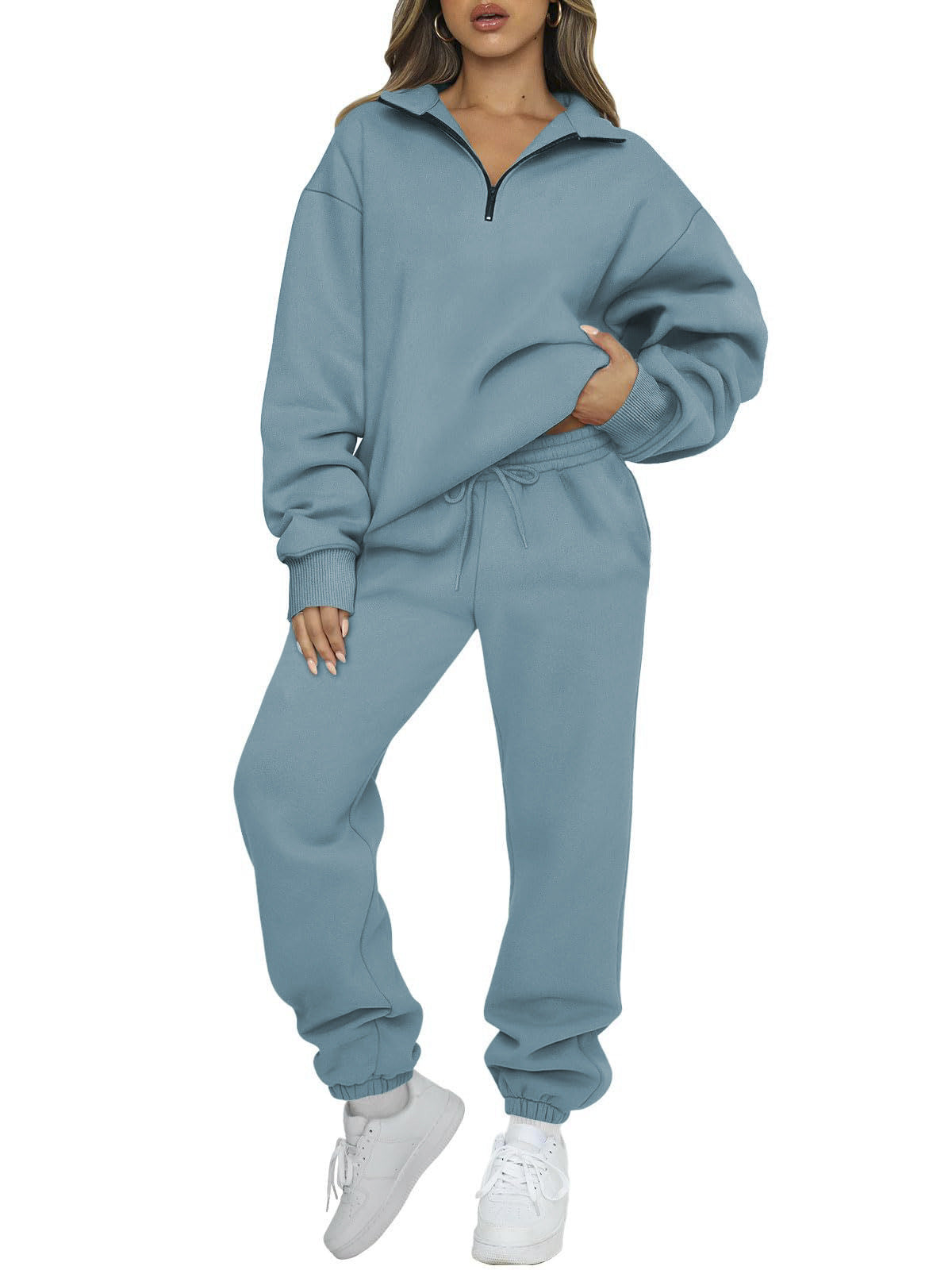 Women's Solid Color Pocketless Sweatshirt and Pants Tracksuit 480