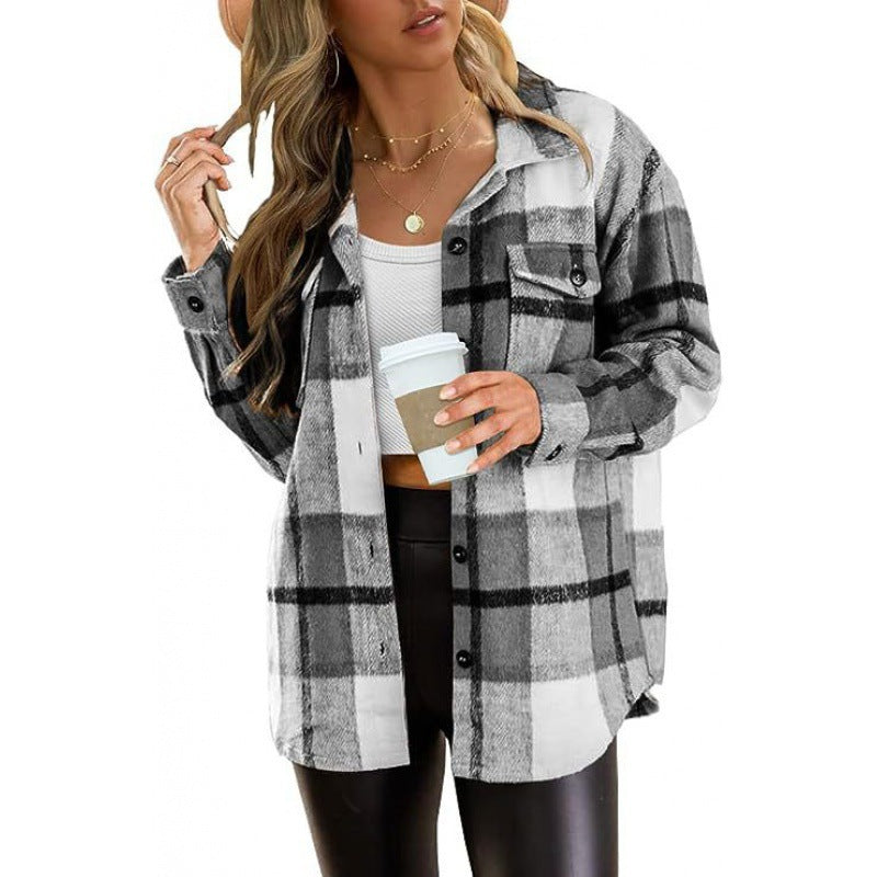 Autumn/Winter European and American Women's Clothing Large Pocket Shirt Casual Plaid Top Loose Long Sleeve INS Shirt 464