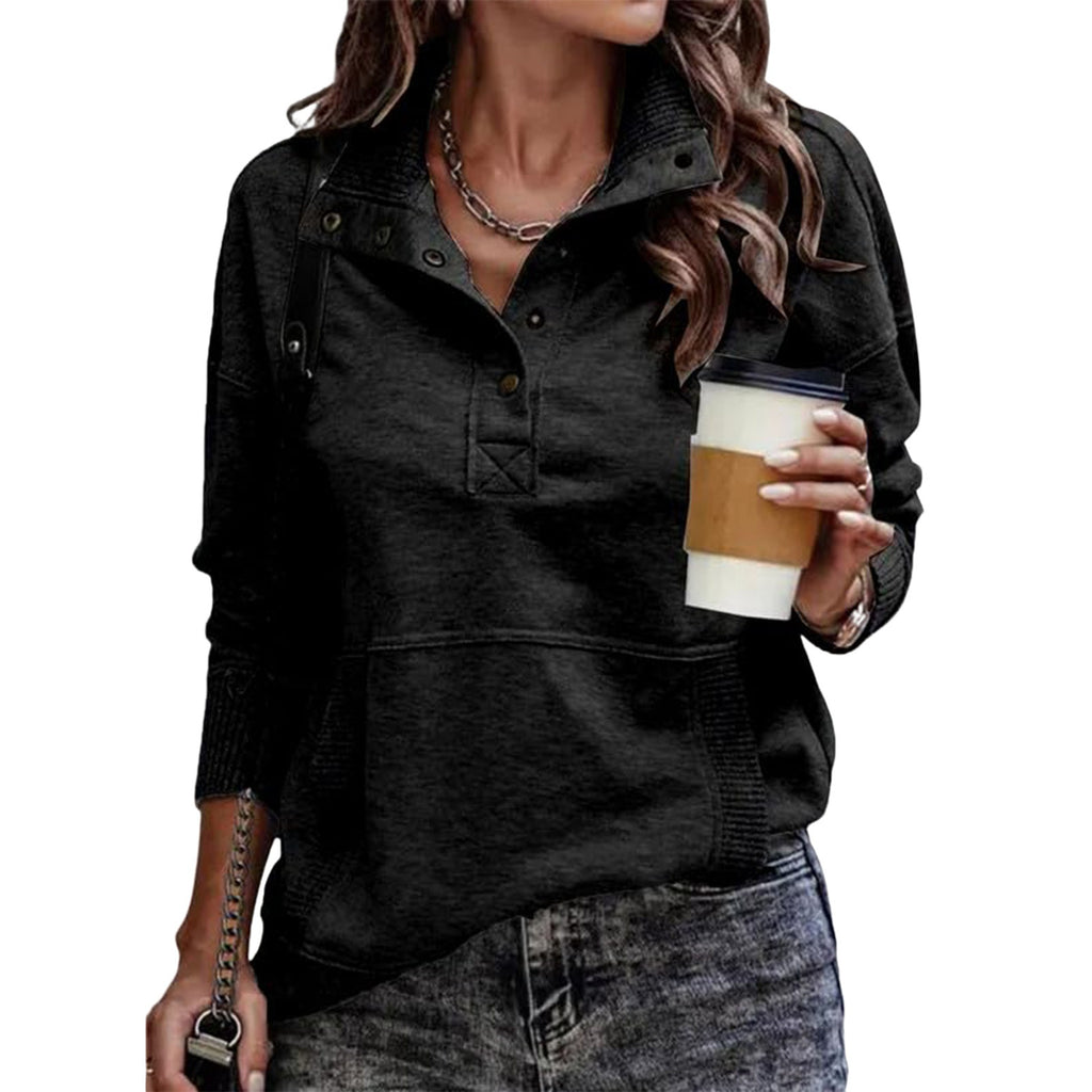 Autumn/Winter Solid Color Pocket Design Long Sleeve Button Fashion Street Style Women's Sweatshirt 477