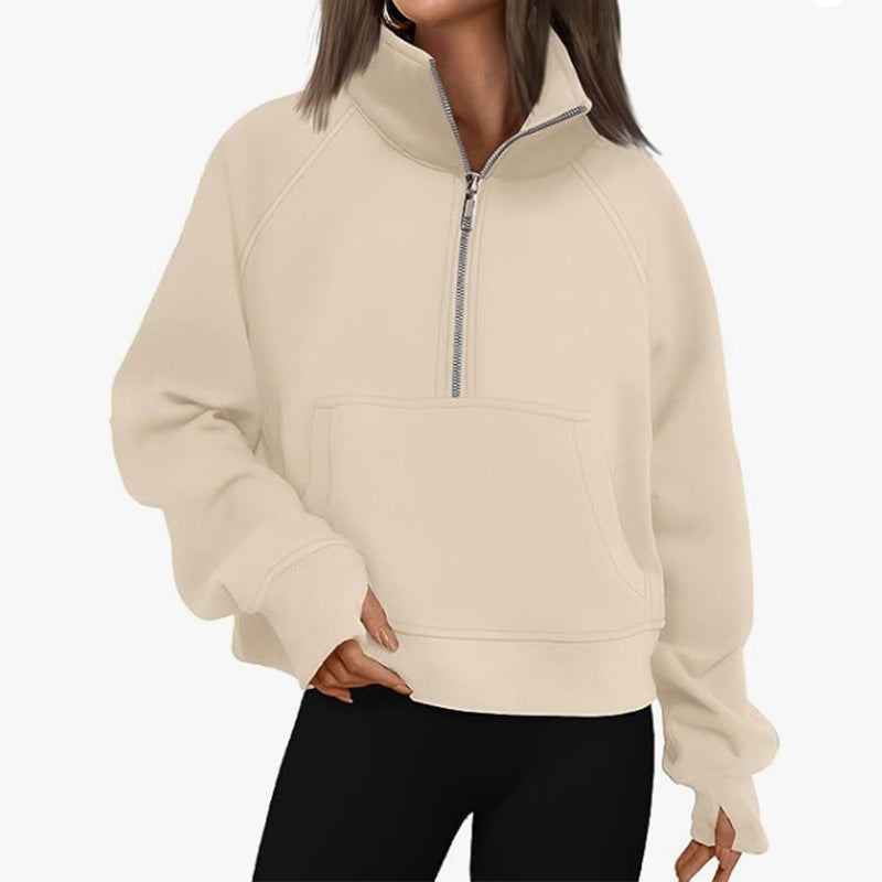 Women's Autumn/Winter Fleece Loose-fitting Jacket with Raglan Sleeves and Stand Collar Half-Zip Sweatshirt 453