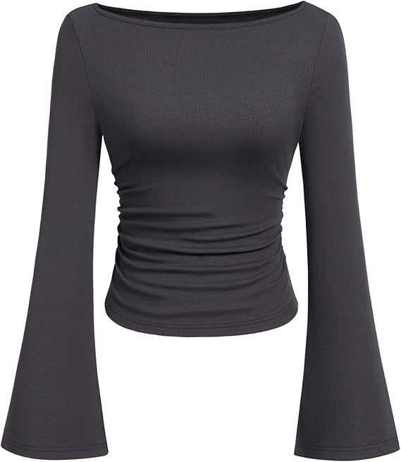 Solid color boat neck bell sleeve T-shirt for women 452