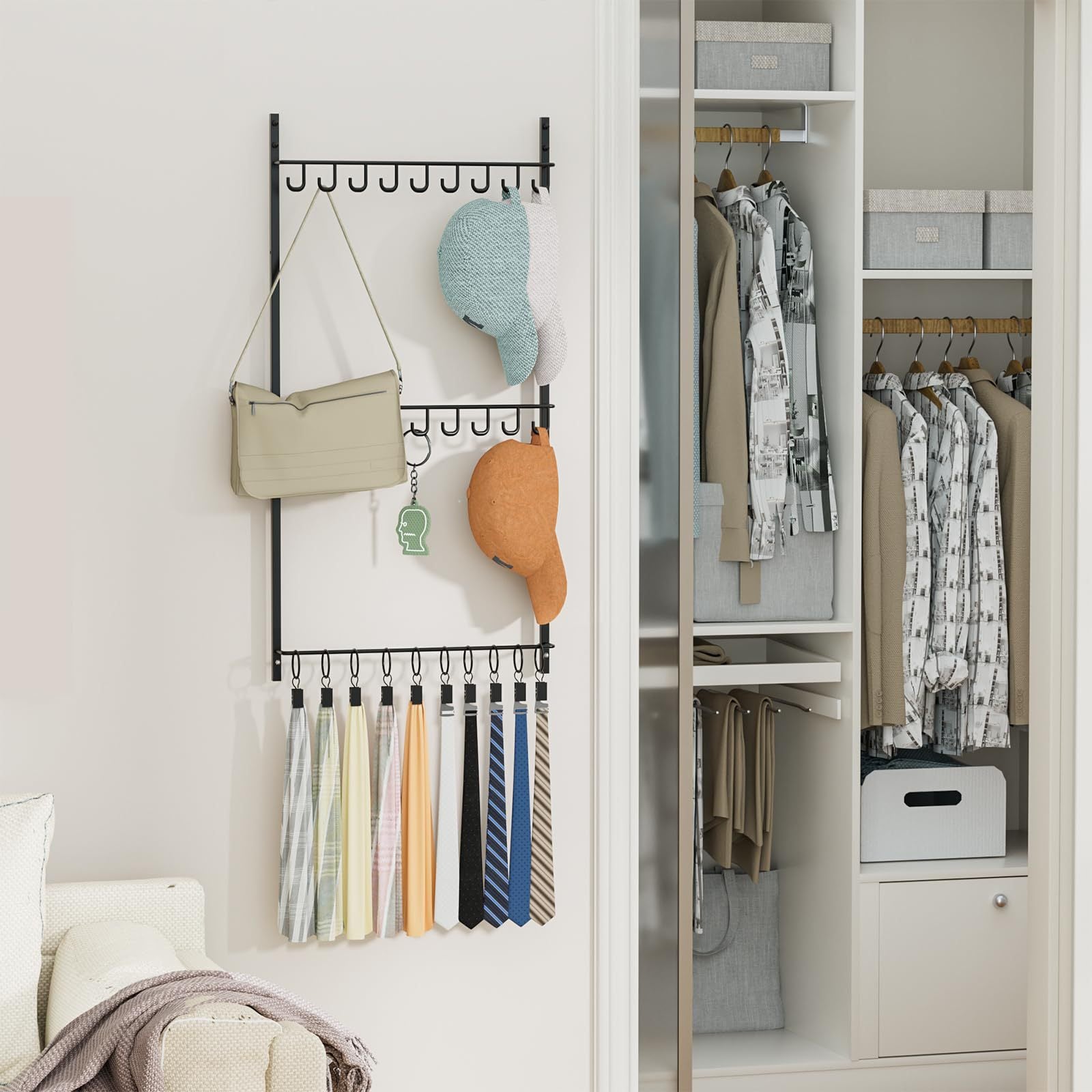 Behind-the-door tie and hat rack, wall-mounted hat rack, baseball cap storage rack, three-tier with clips 605