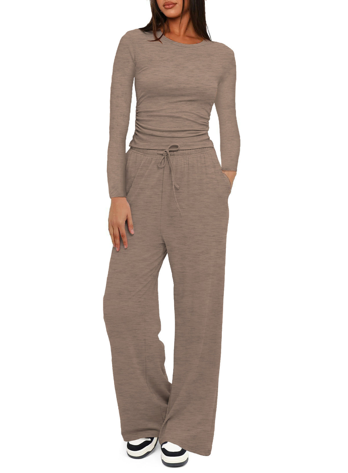 Solid color casual long-sleeved suit top and high-waisted wide-leg pants sportswear 451