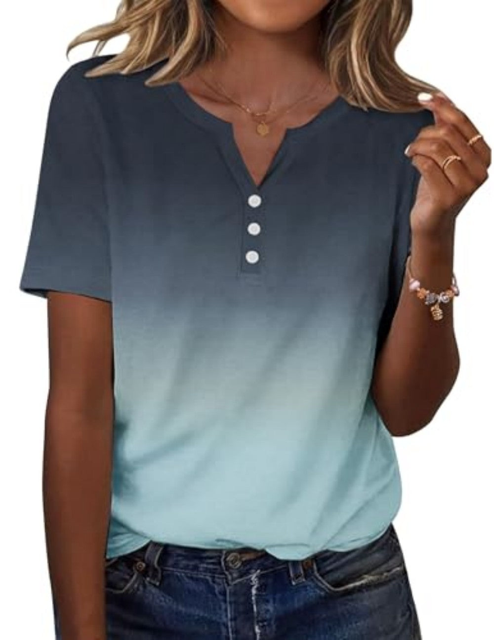 New fashionable, trendy, casual, versatile, high-quality short-sleeved button V-neck T-shirt 481