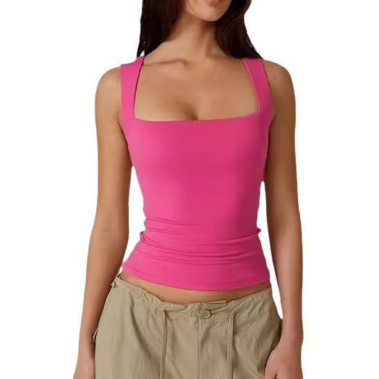 Women's Slim Fit Solid Color Vest Top with Square Neck 469