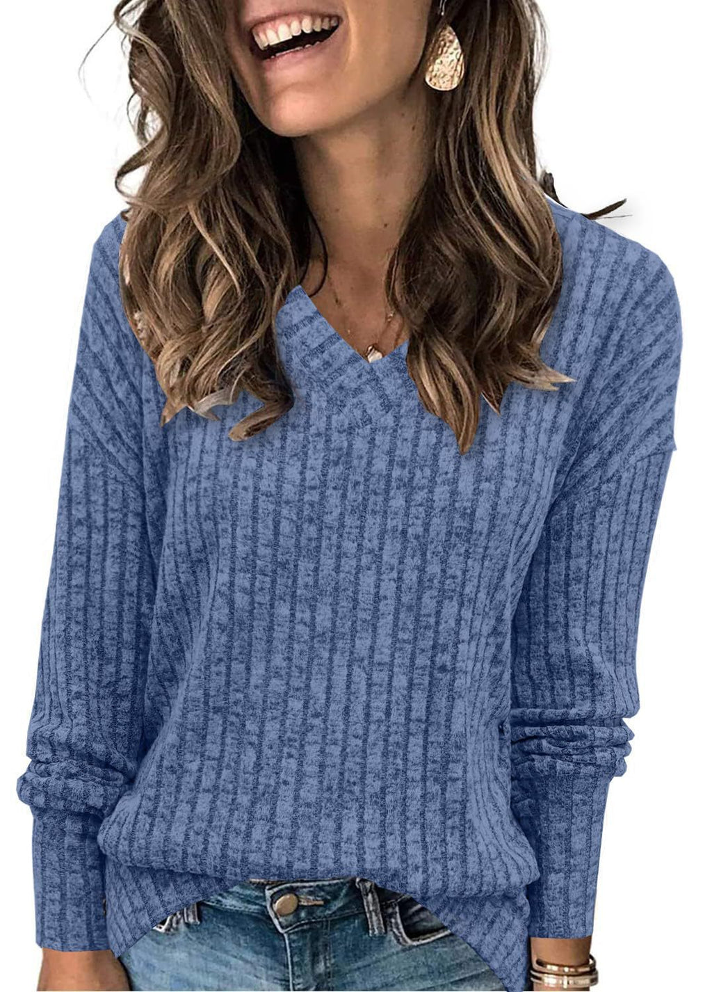 Women's Long-Sleeved V-Neck Ribbed Brushed Knit Top/T-Shirt 483
