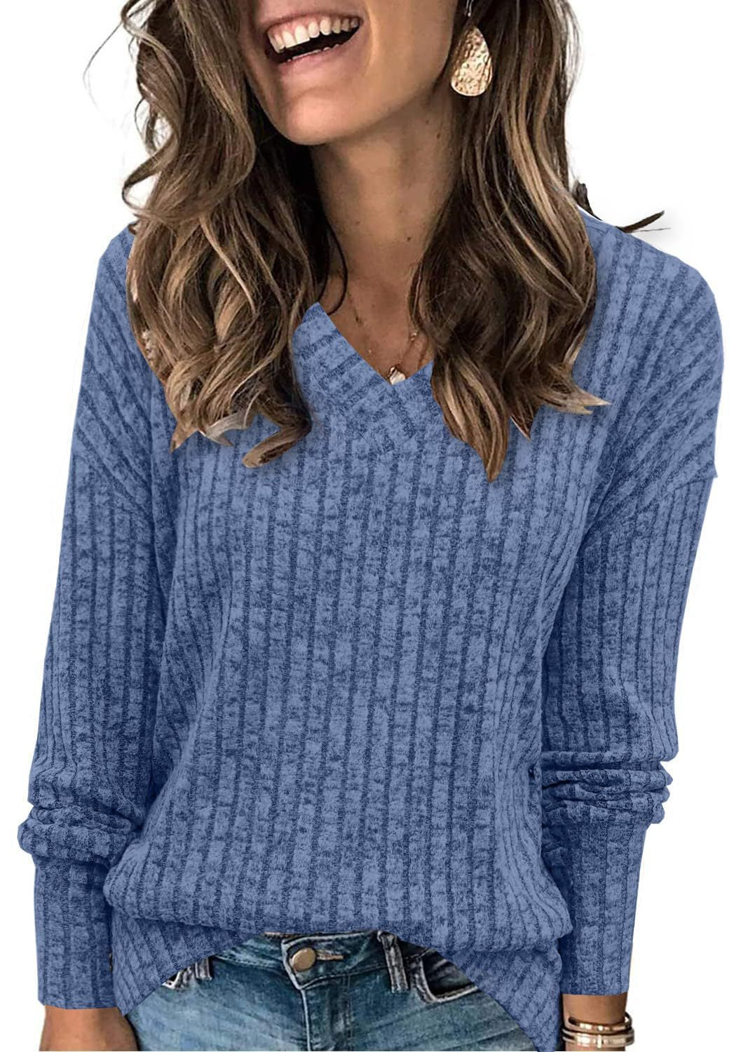 Women's Long-Sleeved V-Neck Ribbed Brushed Knit Top/T-Shirt 483