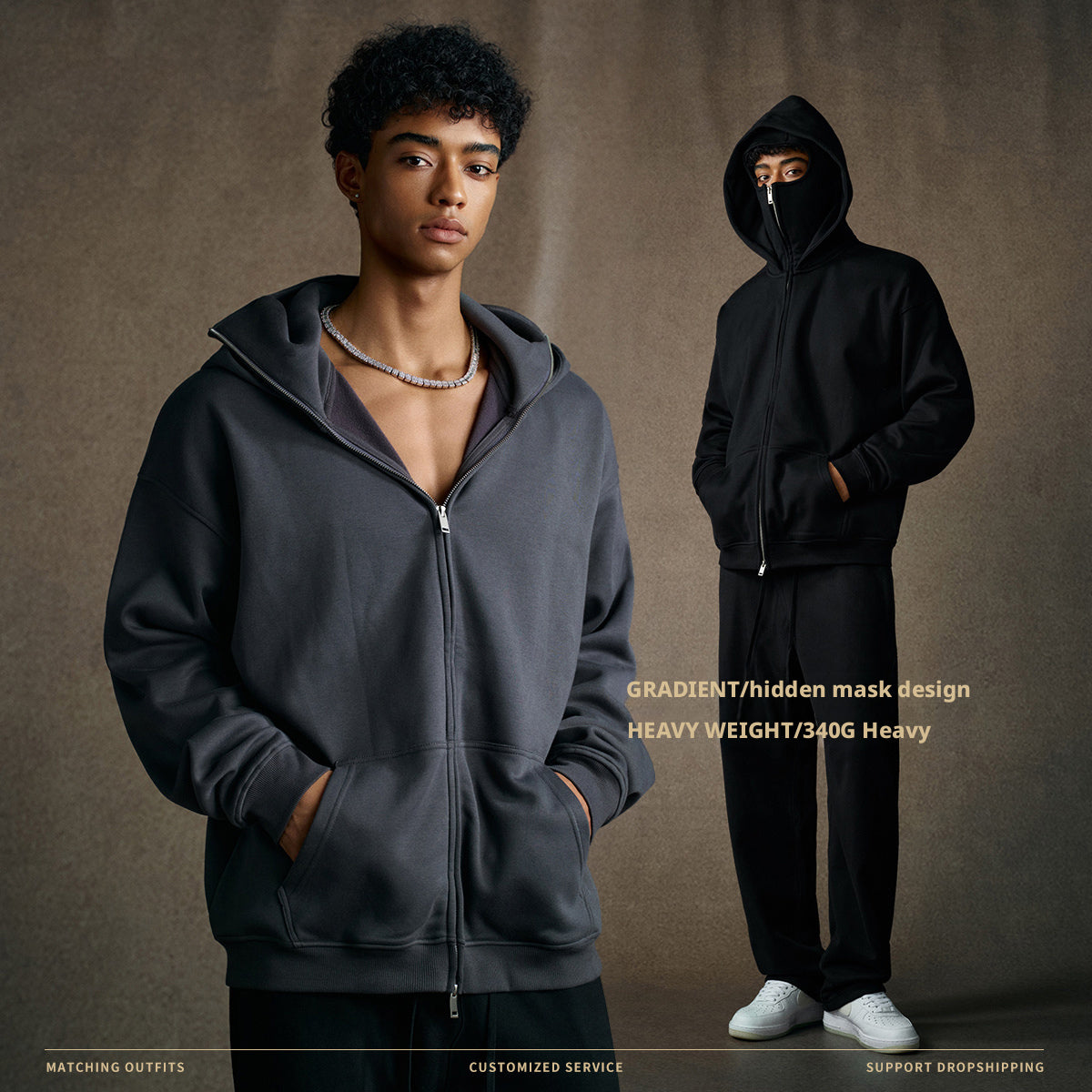 Streetwear style, trendy fleece patchwork hooded sweatshirt, windproof zip-up cardigan jacket for men W25536